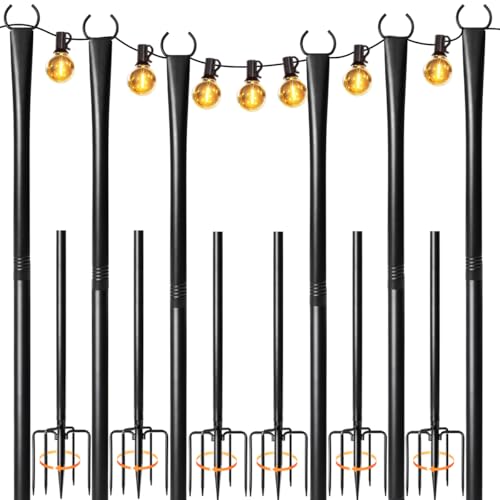 6 Pack String Light Poles for Outside, Heavy-Duty Metal Poles for Outdoor String Lights with Fork, Adjustable Lighting Han...