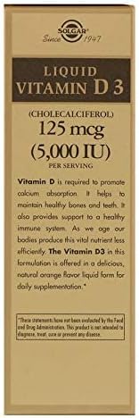 SOLGAR Liquid Vitamin D3 125 mcg (5,000 IU) - 2 fl oz - Delicious, Natural Orange Flavor - Helps Maintain Healthy Bones & Teeth - Immune System Support - Gluten Free, Dairy Free, Kosher - 59 Servings
