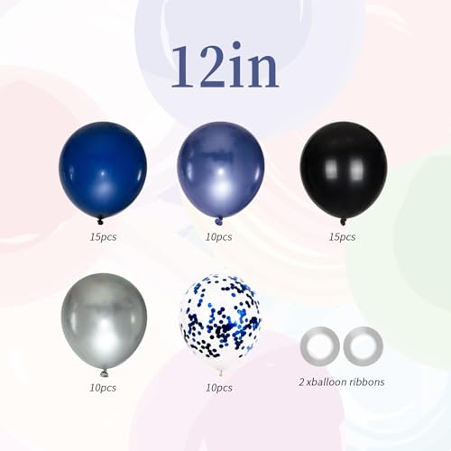 60pcs Blue and Black Balloon, 12" Navy Metallic Blue & Silver Confetti Balloons for 2025 Graduation, Father’s Day, Birthda...
