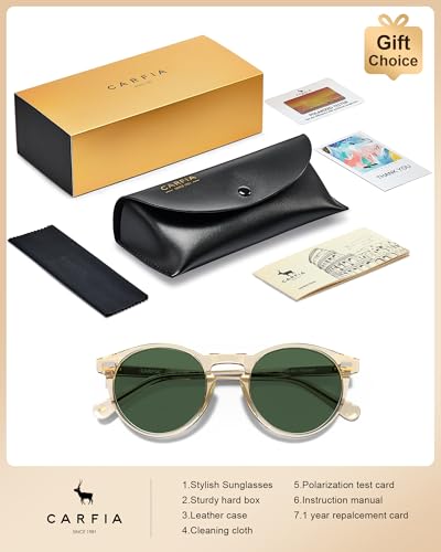 CARFIA Retro Polarized Sunglasses for Men UV400 Protection Handmade Acetate Round Frame CA5288L