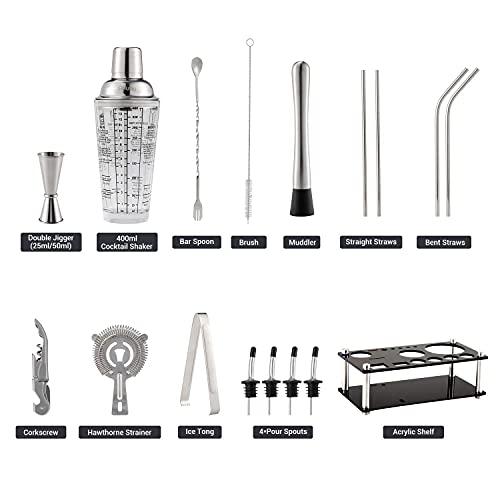 Cocktail Shaker Set Ohuhu 17-Piece Bartender Kit Bar Tool Set with Acrylic Stand Premium Soda-Lime Glass Drink Shaker with...