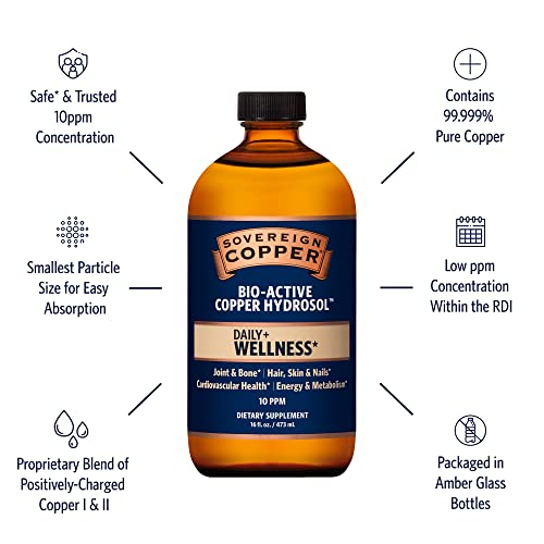 Sovereign Bio-Active Copper Hydrosol - Bioavailable Colloidal Copper Liquid Supplement for Adults and Kids with Silver Hyd...