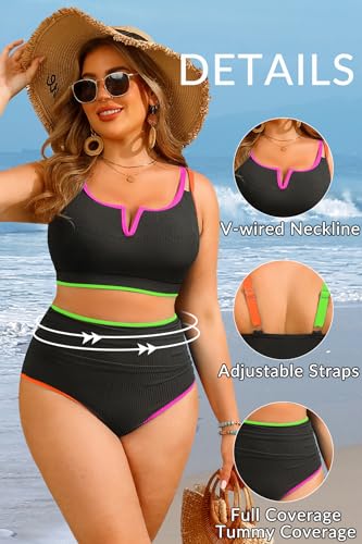 Women Plus Size High Waisted Bikini - Ribbed Two Piece Swimsuit Tummy Control Bathing Suit V-Wired 2025 Swimwear