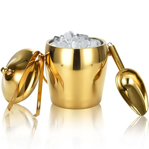 Ice Bucket Champagne Bucket with Tongs Scoop Lid, Double Wall Wine Bar Freezer Ice Bucket with Stand & Carrying Handle, St...