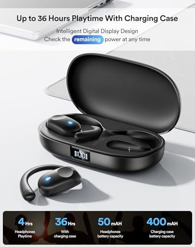 Eigsupia Open Ear Headphones Wireless Bluetooth - 5.3 Bluetooth Earbuds with LED Digital Display, IP54 Waterproof, 36H Pla...
