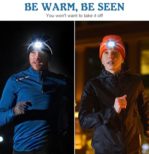 MELASA Reflective Stripe LED Beanie Safety High Visibility Winter Hat with Light for Outdoor Work Sports Gifts for Men Dad