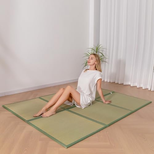 MAXYOYO Japanese Tatami Mat 100% Rush Grass Portable Folding Mat Futon Mattress Firm Traditional Floor Bed 79"x60"x0.47"