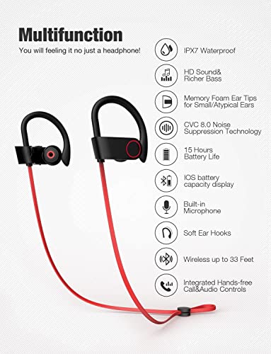 Otium Bluetooth Headphones,Wireless Earbuds IPX7 Waterproof Sports Earphones with Mic HD Stereo Sweatproof in-Ear Earbuds ...