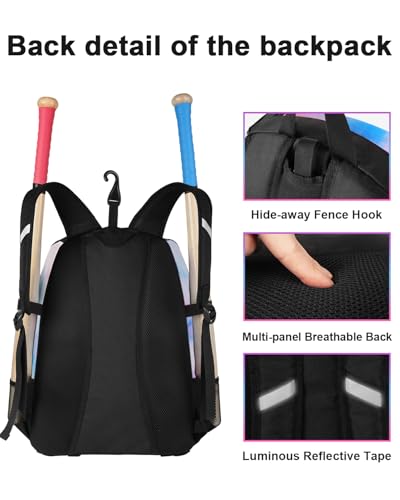 MATEIN Softball Bag, Lightweight Baseball Backpack with Shoe Compartment, Baseball Bag with Fence Hook for TBall Bat & Equ...