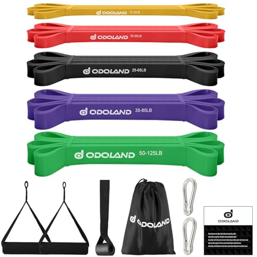 Odoland 5 Packs Pull Up Assist Bands, Pull Up Straps, Resistance Bands with Door Anchor and Handles, Stretch Mobility, Pow...