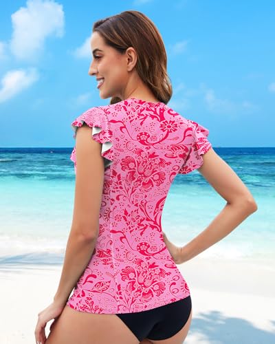 Soneven Women's Swim Shirt UPF 50+ Ruffle Sleeve Rash Guard UV Sun Protection Swimsuit Top Bathing Suit No Bottom