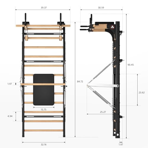 Swedish Ladder Pro, Wood Stall Bar with Push-Through Bar, Adjustable Pull-Up Dip Bar for Adults and Kids, Accessories Bund...