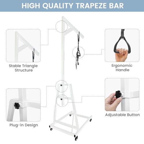 kuailebuy Trapeze Bar for Bed Mobility,Free Standing Trapeze Tar with Wheels,Bed Assist Bar,White Pull Up Assist Bar,5Ft-7...