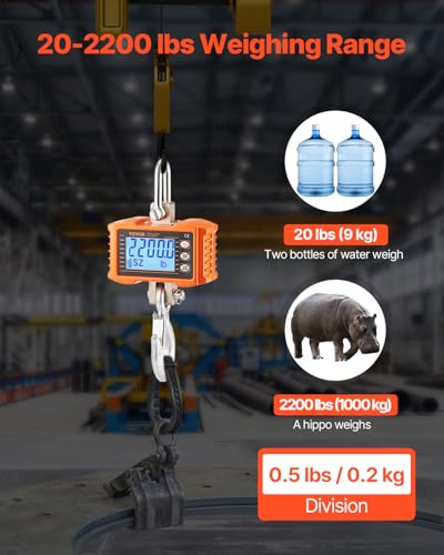 VEVOR Digital Crane Scale, 2200 lbs/1000 kg, Industrial Heavy Duty Hanging Scale with Remote Control, Cast Aluminum Case &...