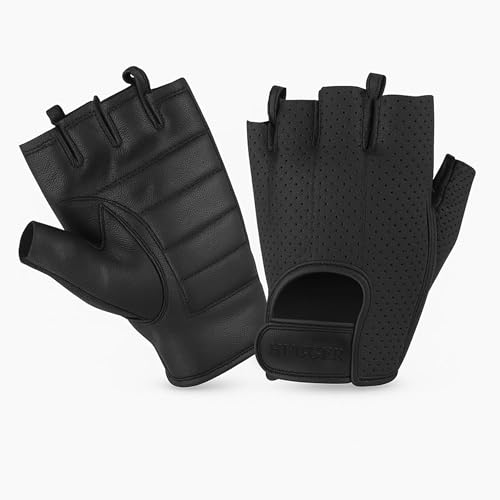 Hugger Fingerless Motorcycle Gloves for Men – Gel Padded Palm, Perforated Leather, Water-Resistant Driving Gloves