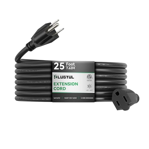 PLUGTUL Outdoor Extension Cord 25 FT Waterproof, 16/3 Gauge Black Heavy Duty 3 Prong Extension Cord, 13A 1625W SJTW, ETL L...