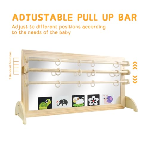 LAKNUAL Montessori Mirror with Bar, Adjustable Wood Baby Pull Up Bar, Floor & Wall Shatterproof Safety Infant Coordination...