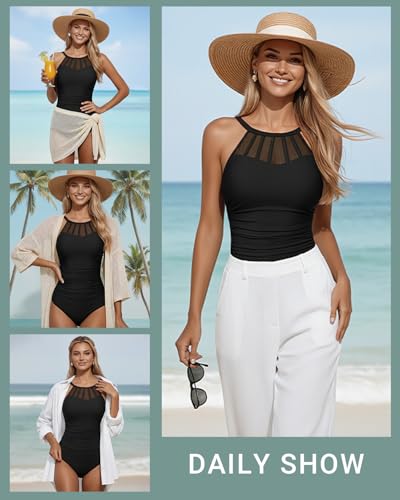 Holipick Women Tummy Control One Piece Swimsuit Modest Bathing Suit Full Coverage High Neck Swimwear