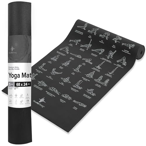 NewMe Fitness Yoga Mat for Women and Men - Large, 5mm Thick, 68 Inch Long, Non Slip Exercise Mats w/ 70 Printed Yoga Poses...