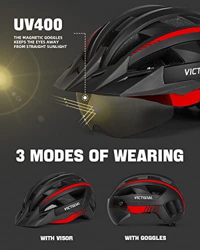 VICTGOAL Bike Helmet with USB Rechargeable Rear Light Detachable Magnetic Goggles Removable Sun Visor Mountain & Road Bicy...