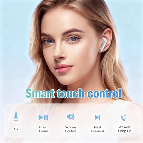 True Wireless Earbuds White Bluetooth 5.3 with Microphone for Working Out Noise Canceling Blue Tooth Ear Buds Deep Bass TW...