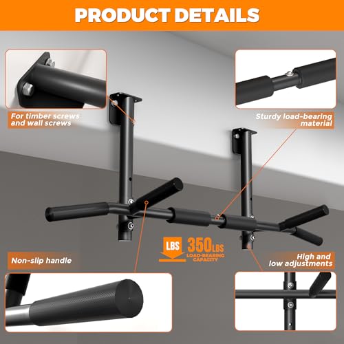 Joist Mounted Pull Up Bar, 3 in 1 Chin Up Bar Ceiling Mount Adjustable Height, 42" Wide Bar for Home Gym Cross Training St...
