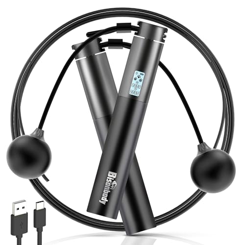 Bisonbody Smart Jump Rope Fitness Skipping Rope with App – 2 Function Modes – Classic 3m Rope & Ropeless Shortballs – Blue...