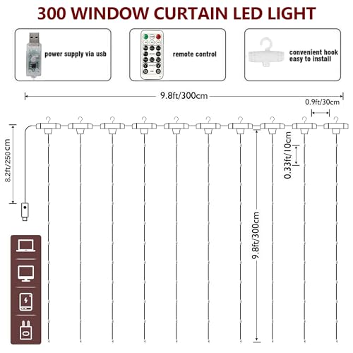 HOME LIGHTING Window Curtain String Lights, 300 LED 8 Lighting Modes Fairy Copper Light with Remote, USB Powered for Chris...