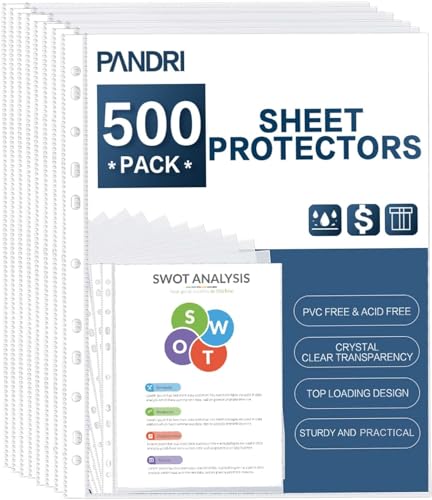 Sheet Protectors, PANDRI 500 Pack Clear Heavy Duty Plastic Page Protectors Sheet Reinforced 11-Hole Fit for 3 Ring Binder ...