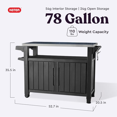 Keter Unity XL Portable Outdoor Table with Stainless Steel Top for Kitchen Prep and Outdoor Storage Cabinet for Grilling A...