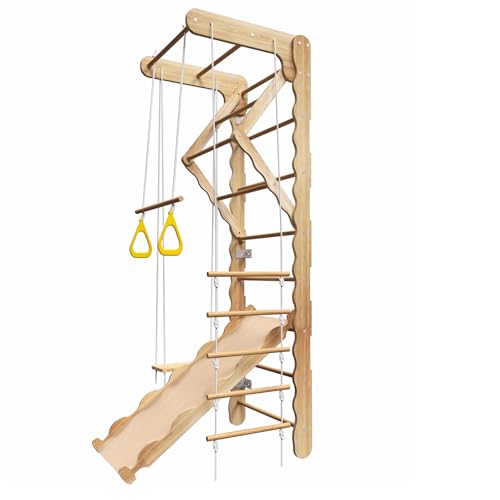 Mulinsonfly 5-in-1 Wooden Indoor Jungle Gym for Kids, Wall-Mounted Swedish Ladder with Pull-Up Bar, Rings, Swing, and Slid...