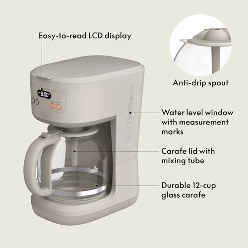 BELLA 12 Cup Programmable Coffee Marker, Reusable Dishwasher Safe Accessories, Easy LCD diaply, Auto Shutoff, 900 watt, Oatmilk