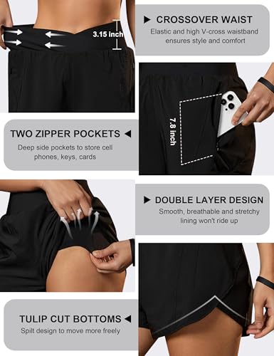 Blooming Jelly Women's Workout Shorts Athletic Running Shorts Crossover High Waisted Gym Shorts with Zipper Pockets