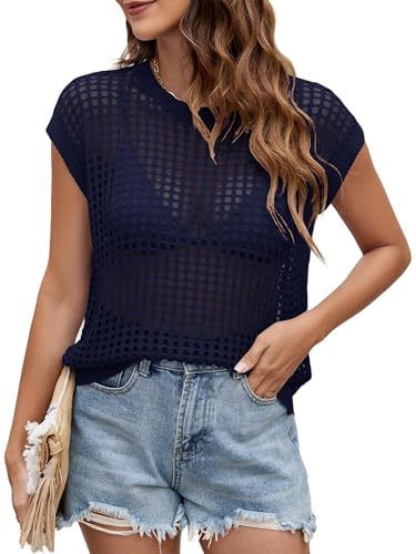 Bellcoco Womens Summer Crochet Tops Hollow Out Cap Sleeve Cover Up Tank Top Pullover Sweater Vest Beach Vacation Clothes