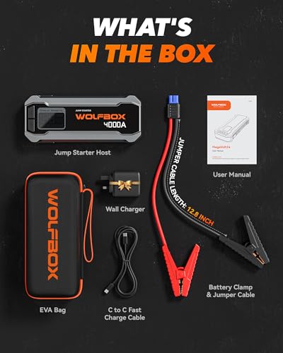WOLFBOX 4000A Jump Starter,12V Car Battery Jumper Starter Portable with 65W Quick Charger,LED Display,88.8Wh Booster Jump ...