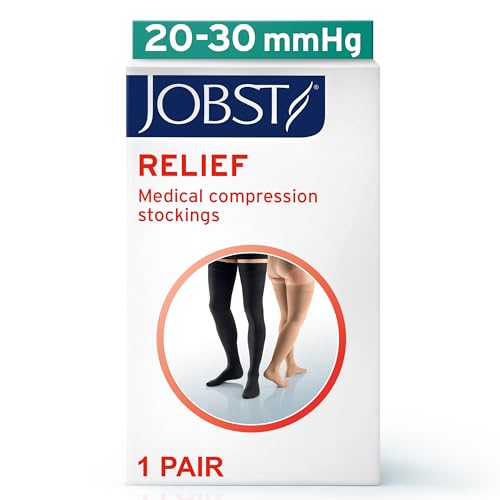 JOBST Relief 20-30 mmHg Thigh High Compression Stockings with Silicone Band, Open Toe, Beige, Medium