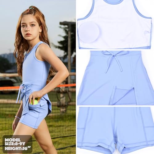 Girls Sleeveless Tennis Dress Tank Top Skorts Skirts High Waist Side Slit Outfit Athletic Sets with Shorts Pockets