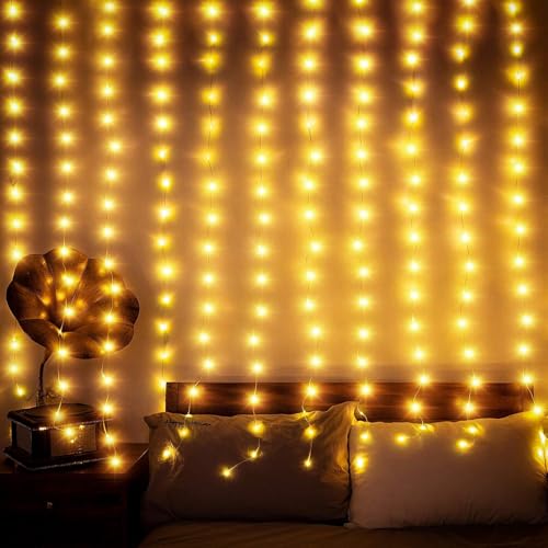 Curtain String Lights 6.5 x 5 ft,195 LED Battery Operated USB Powered light with 8 Modes Dimmable Timer,Copper Tapestry Tw...