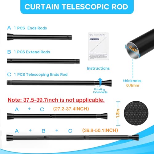Black Spring Tension Curtain Rod 28-52 Inches, 7/8" Diameter Adjustable Shower Curtain Rod No Drill, Anti-slip Heavy Duty ...