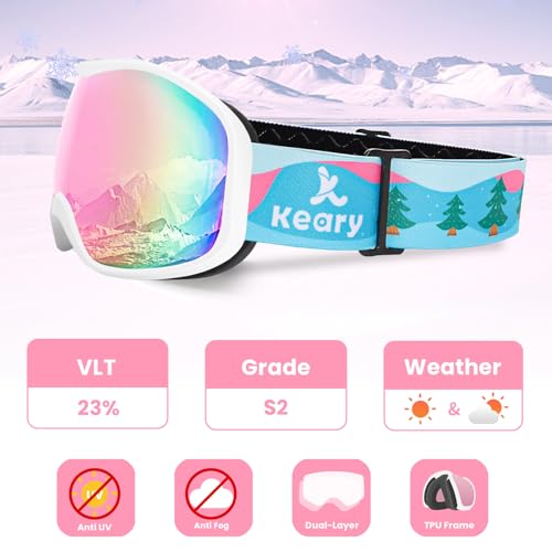 Keary Kids Ski Goggles for 3-14 Snowboard Goggles Kids Toddler Boys Girls Youth Snow Goggles 100% UV Protection Anti-Fog