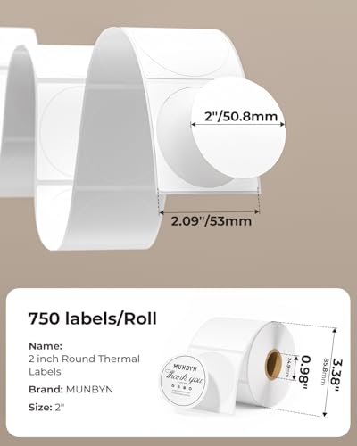 MUNBYN 2 Inch Circle Thermal Sticker Labels, Self-Adhesive Round Direct Thermal Labels for Business, 750 Sheets/1 Roll