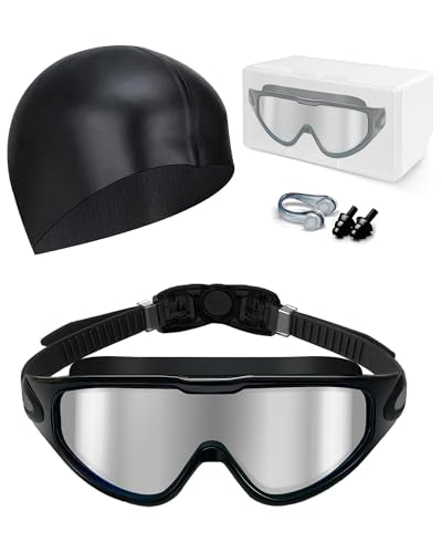 Hurdilen Swim Goggles, Anti Fog Anti UV, Wide View and No Leaking Swimming Goggles & Swim Cap for Men Women Adult Youth