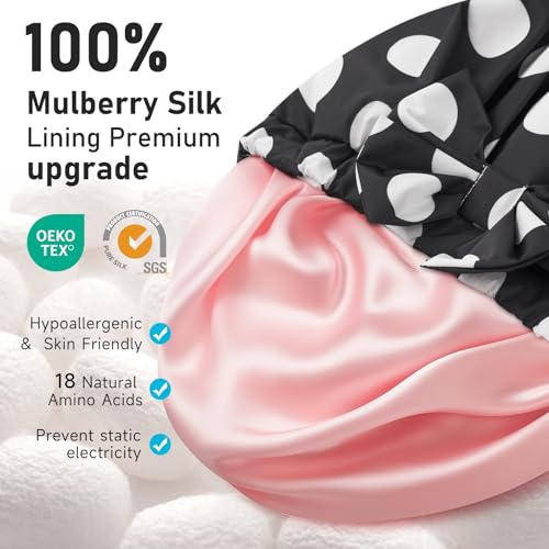 LitBear Luxury Silk Lined Shower Caps for Women Reusable Waterproof, Double Layered Large Bathing Hair Cap with Adjustable...