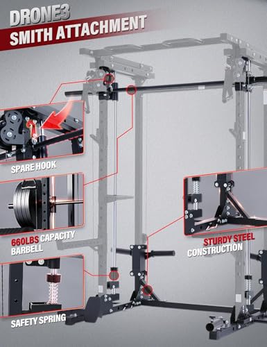 MAJOR FITNESS Drone3 Smith Machine, 2500lbs All-in-One Home Gym Power Rack with Dual Pulley System for Cable Crossover, Pu...
