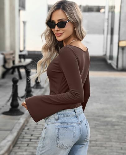 TITOMD Women's Bell Long Sleeve Shirts 2026 Spring Boat Neck Crop Going Out Trendy Tops Ribbed Ruched Y2K Clothes