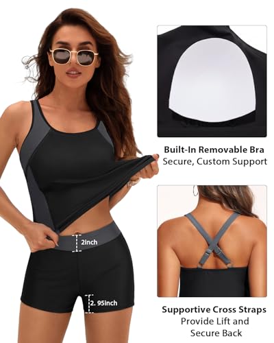 Daci Women 2 Piece Tankini Swimsuit - 2025 Tummy Control Sporty Bathing Suit Color Block Swim Tank Top with Boy Shorts