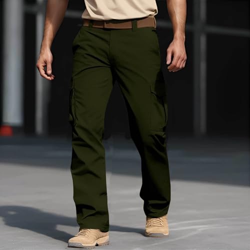 Men's Wide Leg Cargo Pants High Elastic Waist Cotton Drawstring Pants Casual Comfort Lightweight Hiking Trousers with Pocket