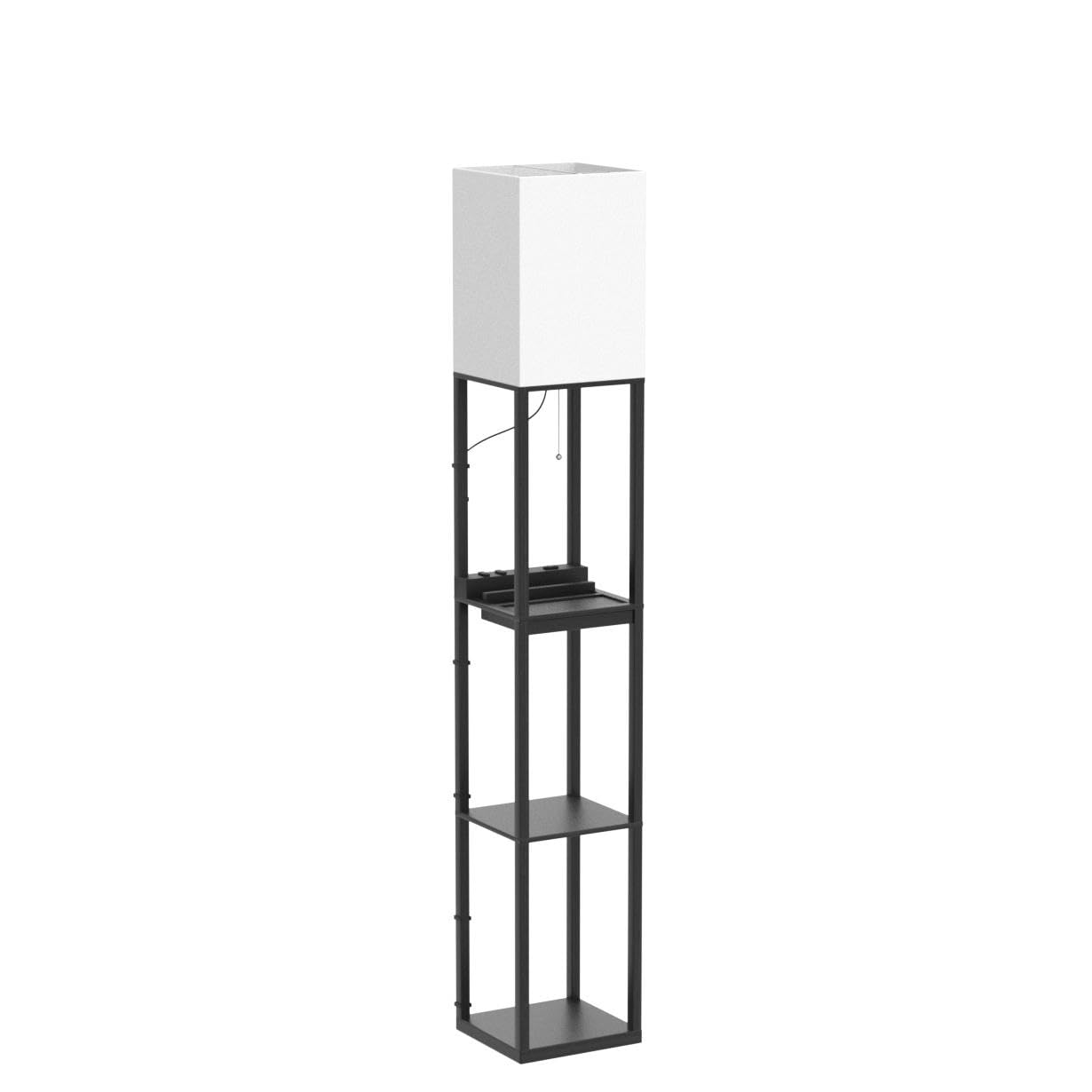 SUNMORY Floor Lamp with Shelves, Dimmable, Wood, Black, 1 Drawer, 2 USB Ports, 2 Power Outlets, Tall Bookshelf Lamp for Living Room/Bedroom
