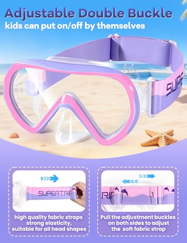 Supertrip Kids Swim Goggles with Nose Cover for Ages 6-14, Tempered Glass Fabric Strap Swimming Snorkel Mask for Pool Beach
