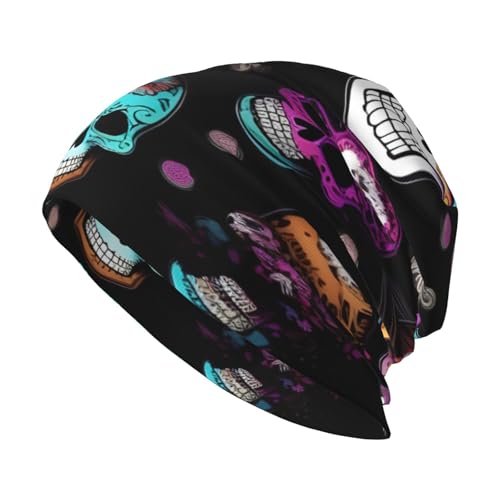 Sugar and Skulls Style Print Beanie Hat for Men and Women Stretchy Slouchy Winter Warm Cap Headwear Accessory Black